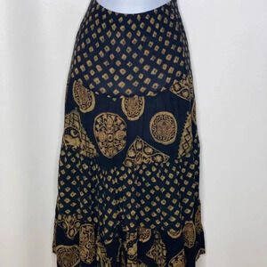 First option women’s black tan rayon tribal modest skirt Sz small petite boho